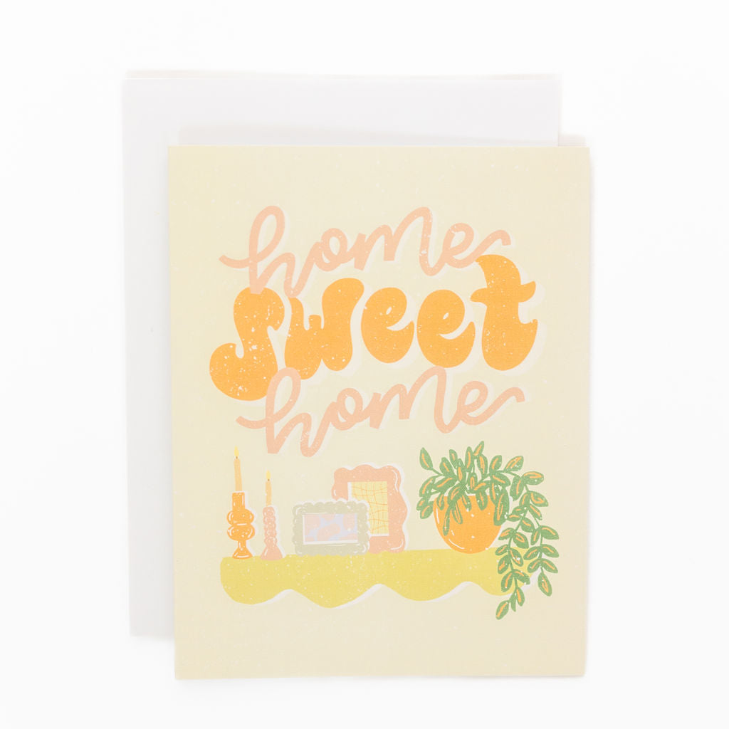 home sweet home card with retro shelf and plant designed by fraser valley artist