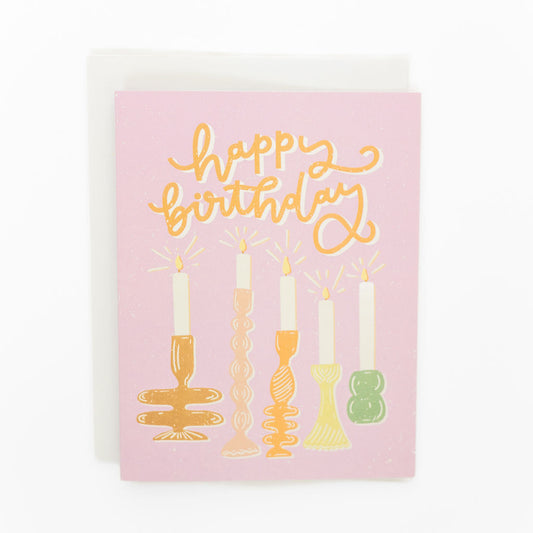 happy birthday card with illustration of vintage candles hand designed by fraser valley artist