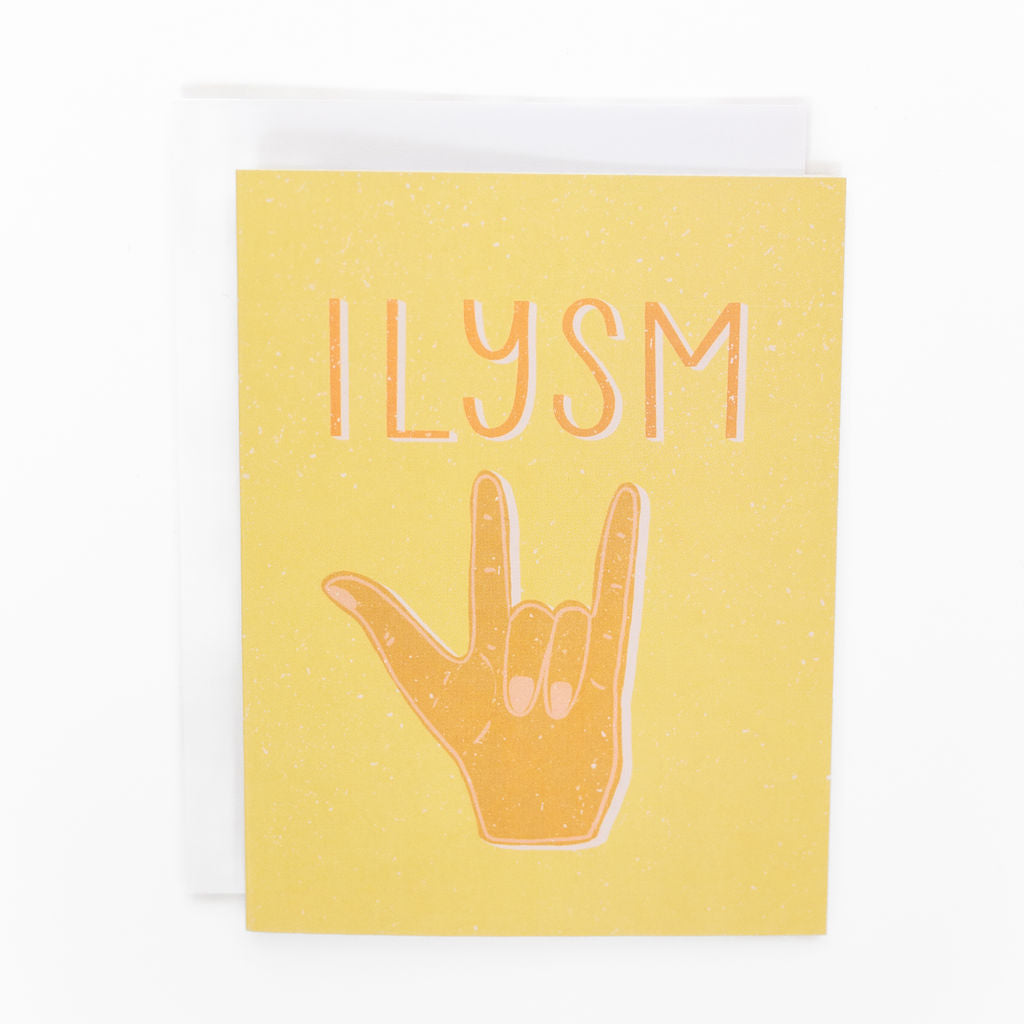 a sing language card with the hand sing for I love you hand designed by fraser valley artist