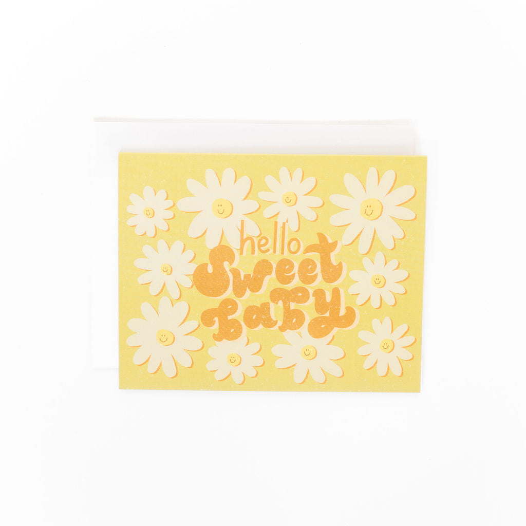 hello sweet baby card with retro smiling daisies hand designed by fraser valley artist